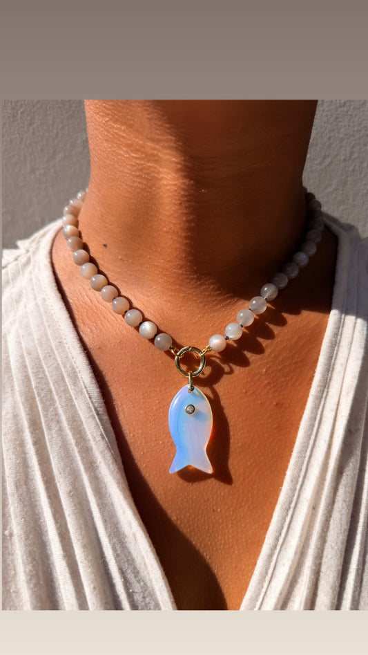 GREY MOONSTONE BEADED CHARM NECKLACE