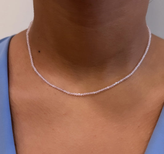 14K YELLOW GOLD ROSE QUARTZ BEADED CHOKER NECKLACE