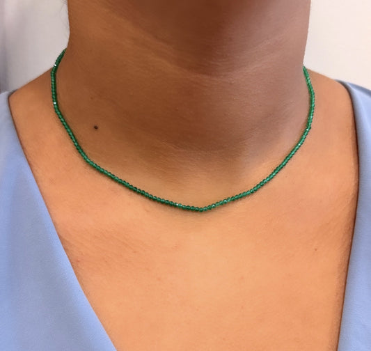 14K YELLOW GOLD GREEN ONYX BEADED CHOKER NECKLACE