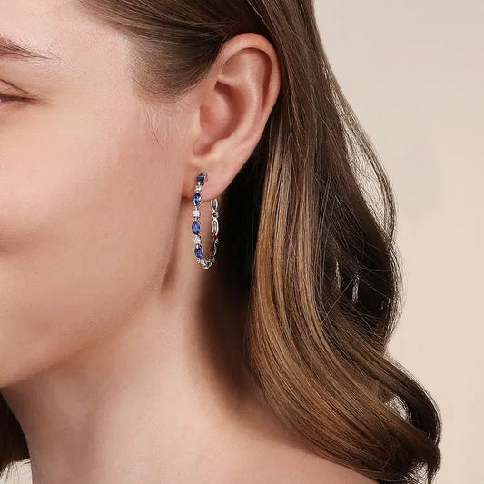 GABRIEL & CO 14K WHITE GOLD DIAMOND AND MARQUISE BLUE SAPPHIRE HOOPS