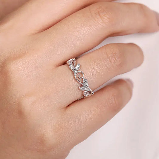 GABRIEL & CO WHITE GOLD DIAMOND SCROLLING FLORAL STACKABLE RING