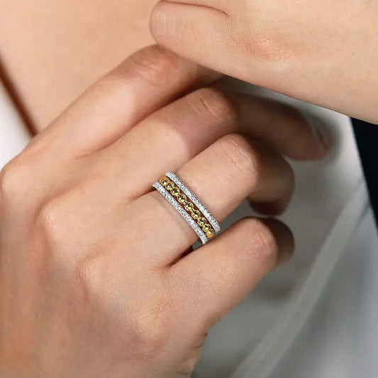 GABRIEL & CO 14K TWO TONE GOLD BUJUKAN DIAMOND WIDE BAND RING