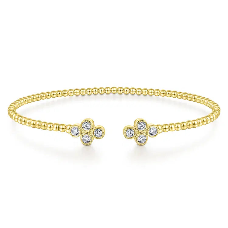 GABRIEL & CO 14K YELLOW GOLD DIAMOND BUJUKAN BEAD SPLIT CUFF WITH QUATREFOIL DIAMOND ENDCAPS