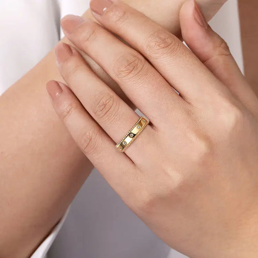 GABRIEL & CO 14K YELLOW GOLD BUJUKAN DIAMOND BEZEL WIDE STACKABLE BAND