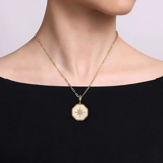 GABRIEL & CO 14K YELLOW GOLD DIAMOND BUJUKAN STARBURST HEXAGON MEDALLION PENDANT