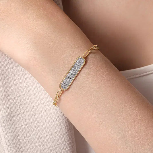 GABRIEL & CO 14K YELLOW GOLD DIAMOND PAVE BAR CHAIN BRACELET