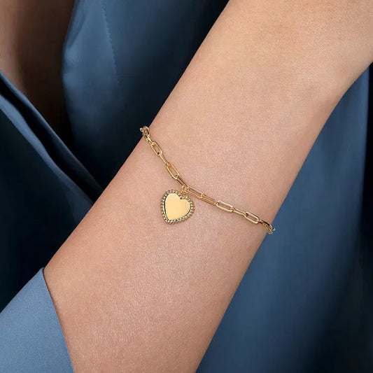 GABRIEL & CO 14K YELLOW GOLD PAPER CLIP BRACELET WITH ENGRAVABLE HEART CHARM