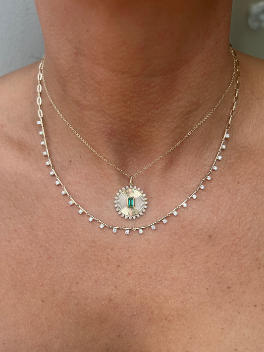 14K YELLOW GOLD ROUND FLUTED PENDANT WITH DIAMOND TRIM AND EMERALD GREEN CENTER STONE