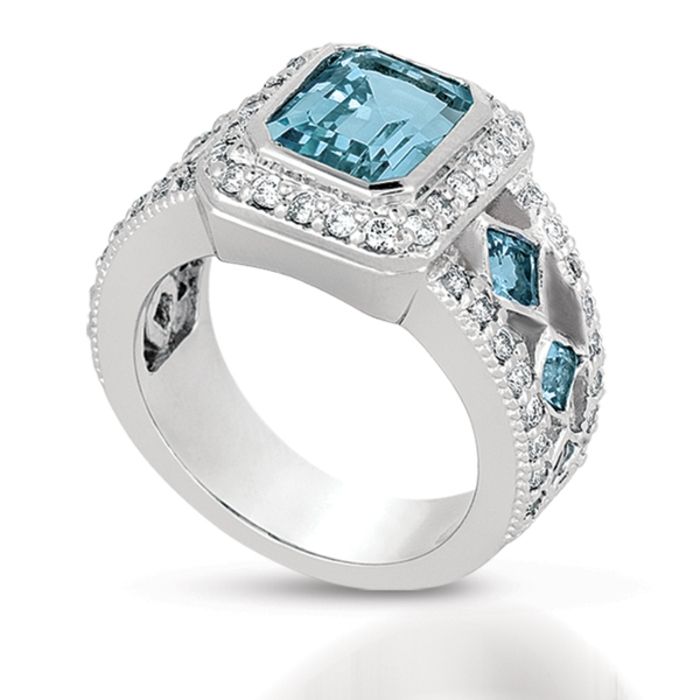 EMERALD CUT AQUAMARINE AND DIAMOND RING