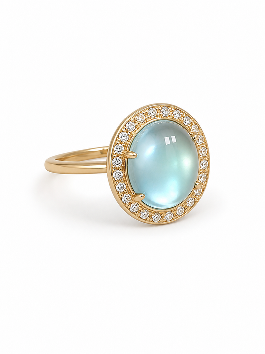 14K YELLOW GOLD BLUE TOPAZ WITH DIAMOND WITH DIAMOND HALO RING