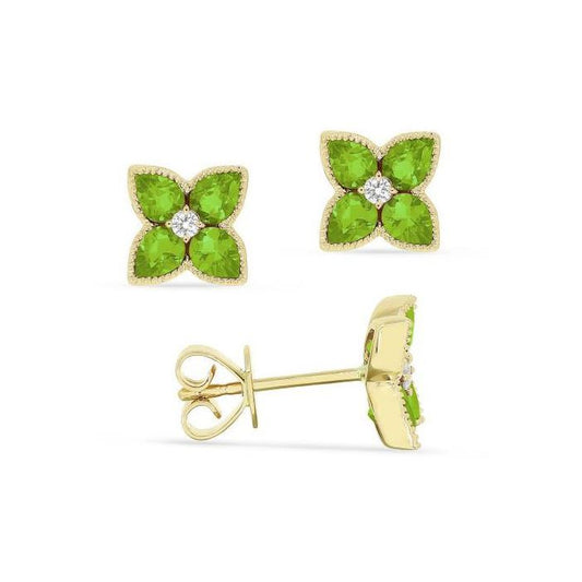 YELLOW GOLD PEAR SHAPE PERIDOT AND DIAMOND STUD EARRINGS
