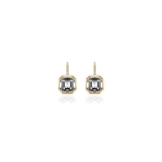 YELLOW GOLD DIAMOND AND ASSHER CUT ROCK CRYSTAL WIRE  EARRING