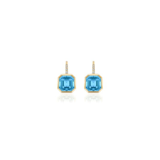 18K YELLOW GOLD DIAMOND AND ASSHER CUT BLUE TOPAZ & WIRE EARRING