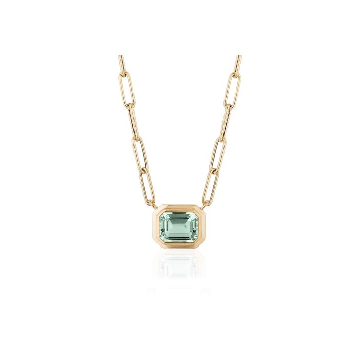 YELLOW GOLD EMERALD CUT PRASIOLITE BEZEL SET NECKLACE