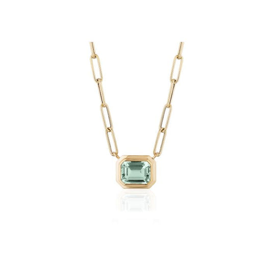 YELLOW GOLD EMERALD CUT PRASIOLITE BEZEL SET NECKLACE