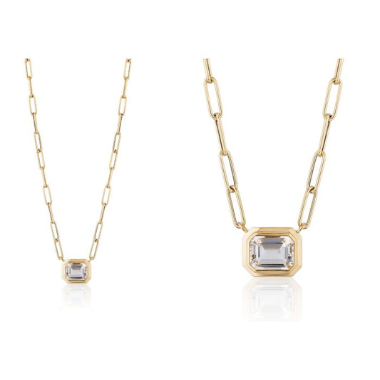 YELLOW GOLD ROCK CRYSTAL EMERALD CUT BEZEL SET NECKLACE