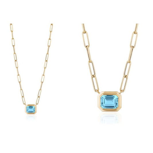 YELLOW GOLD EMERALD CUT BLUE TOPAZ BEZEL SET NECKLACE