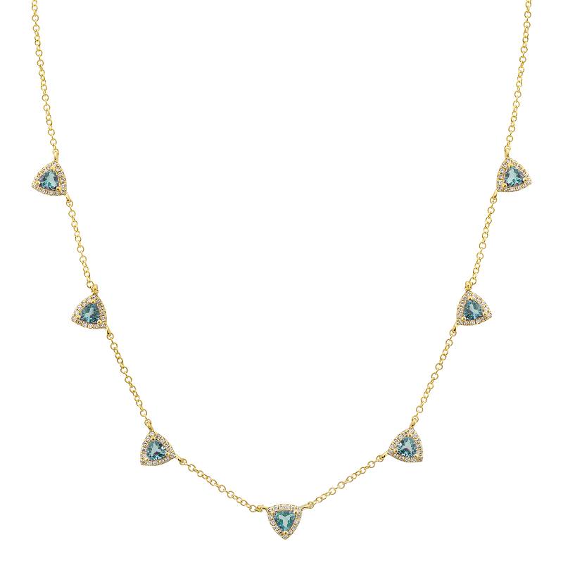 14K YELLOW GOLD BLUE TOPAZ AND DIAMOND TRIANGLE STATION NECKLACE