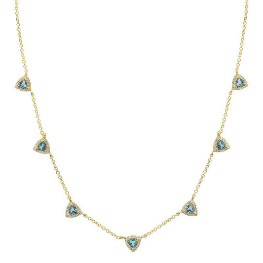 14K YELLOW GOLD BLUE TOPAZ AND DIAMOND TRIANGLE STATION NECKLACE