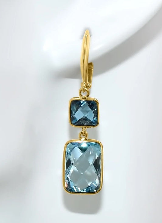 14K YELLOW GOLD LONDON SWISS BLUE TOPAZ BEZEL SET DROP EARRINGS