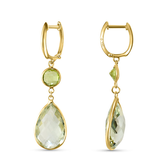 14K YELLOW GOLD GREEN AMETHYST BEZEL SET DROP EARRINGS