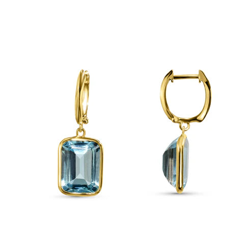 14K YELLOW GOLD BLUE TOPAZ EMERALD CUT HOOP EARRINGS