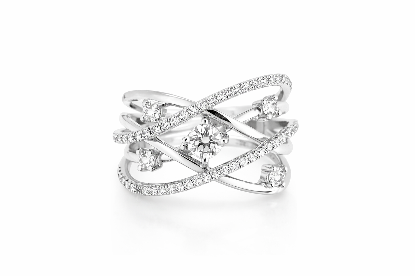 18K WHITE GOLD CROSS OVER DIAMOND RING