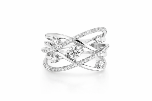 18K WHITE GOLD CROSS OVER DIAMOND RING