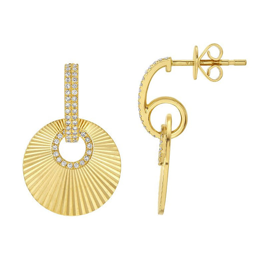 14K YELLOW GOLD DIAMOND FLUTED DISC DROP EARRINGS