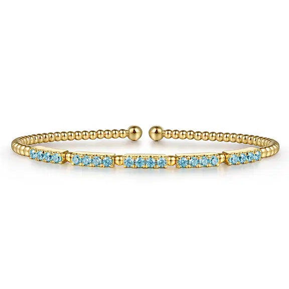 GABRIEL & CO 14K YELLOW GOLD BUJUKAN BEADS AND SWISS BLUE TOPAZ SPLIT BANGLE
