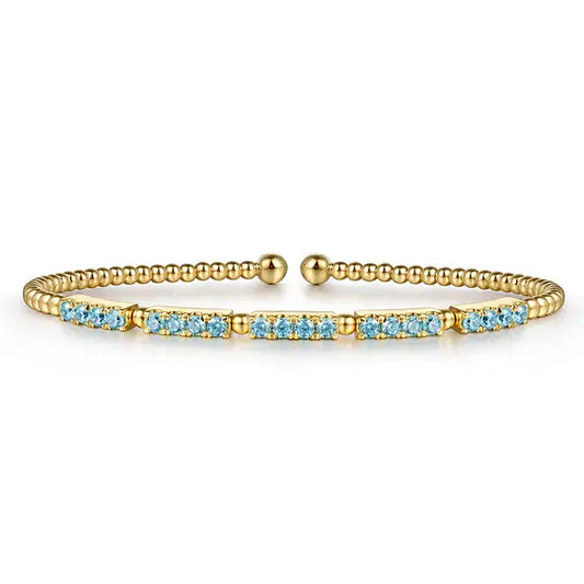 GABRIEL & CO 14K YELLOW GOLD BUJUKAN BEADS AND SWISS BLUE TOPAZ SPLIT BANGLE