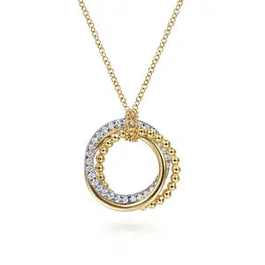 GABRIEL & CO. 14K YELLOW AND WHITE GOLD BUJUKAN DIAMOND INTERLOCKING CIRCLES PENDANT