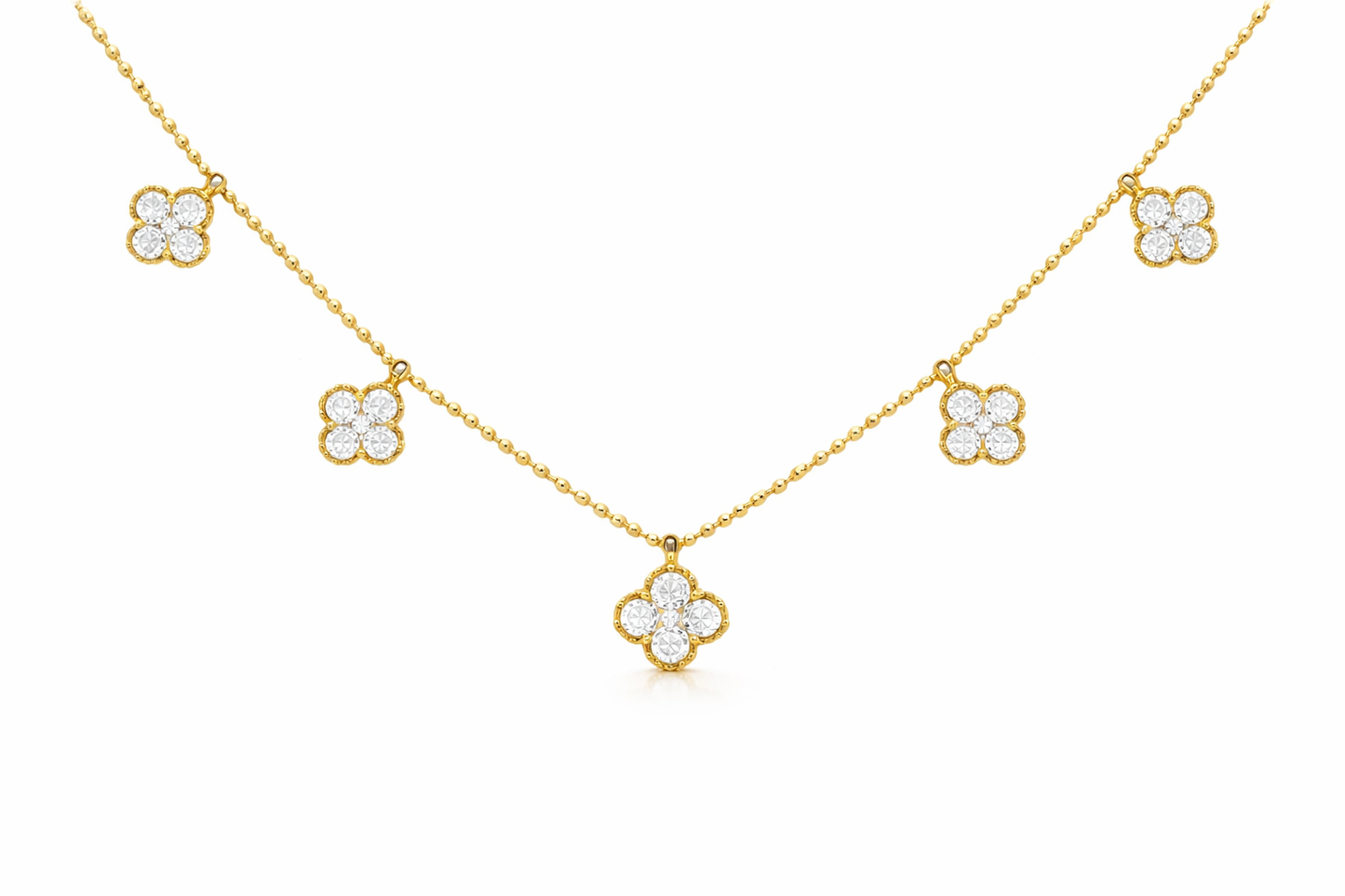 14K YELLOW GOLD DIAMOND BEADED CLOVER STATION NECKLACE