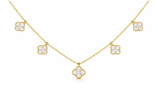 14K YELLOW GOLD DIAMOND BEADED CLOVER STATION NECKLACE
