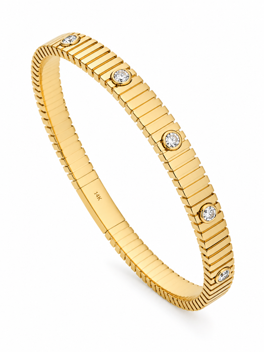 14K YELLOW GOLD BEZEL SET DIAMOND STRIPED BAR FLEX BANGLE
