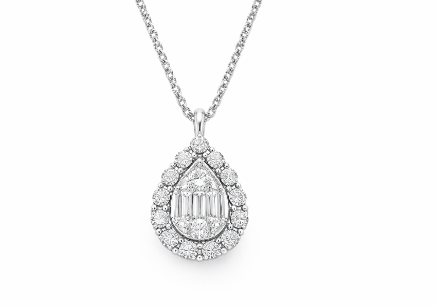14K WHITE GOLD DIAMOND PEAR SHAPE MIRACLE TOP HALO CLUSTER PENDANT