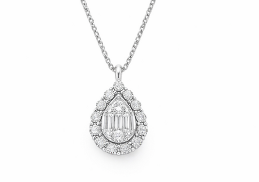 14K WHITE GOLD DIAMOND PEAR SHAPE MIRACLE TOP HALO CLUSTER PENDANT