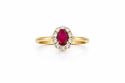 14K YELLOW GOLD RUBY AND DIAMOND HALO RING
