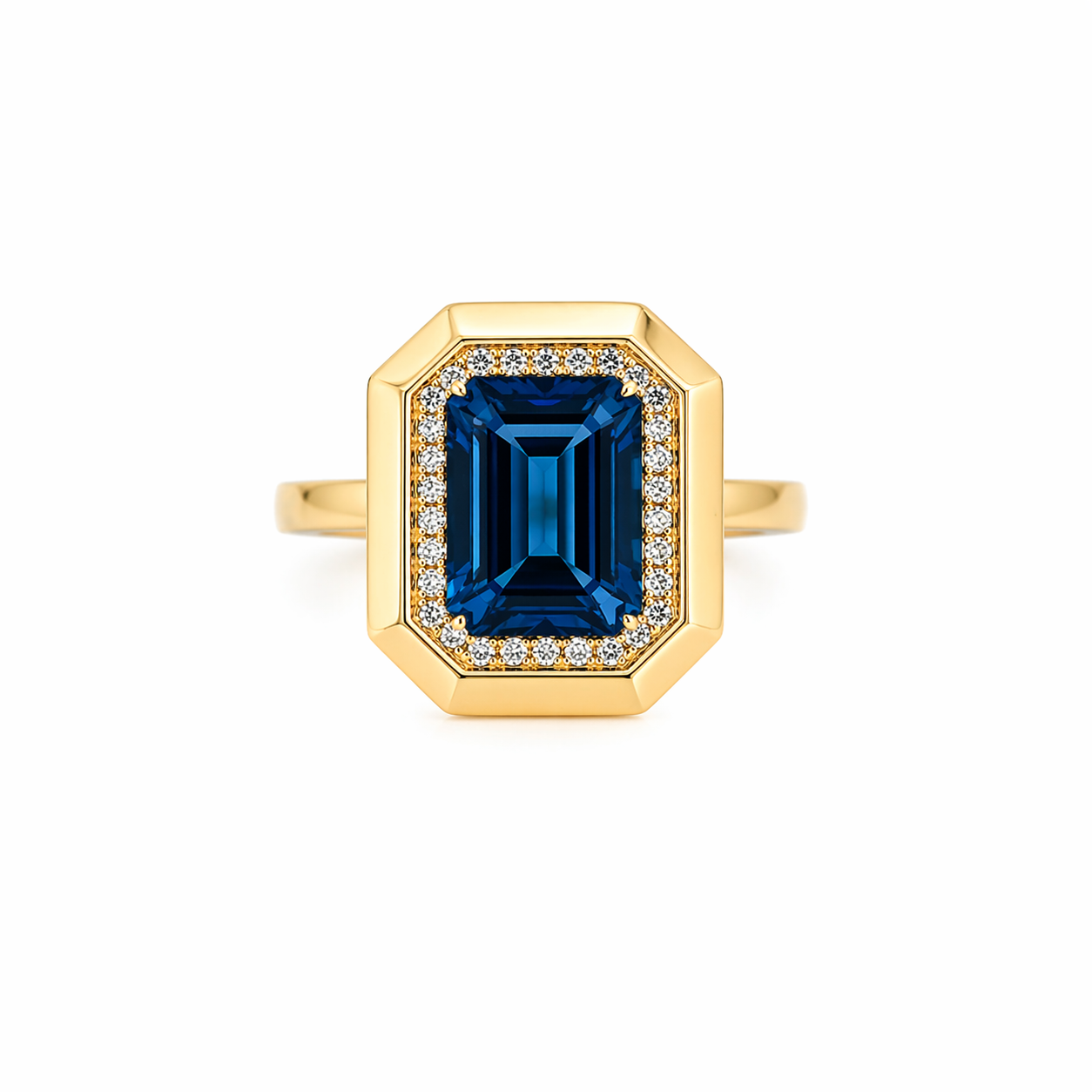 14K YELLOW GOLD EMERALD CUT LONDON BLUE TOPAZ AND DIAMOND RING