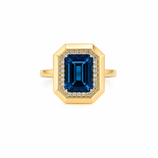 14K YELLOW GOLD EMERALD CUT LONDON BLUE TOPAZ AND DIAMOND RING