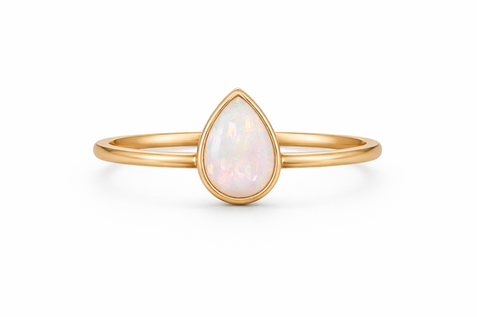 14K YELLOW GOLD PEAR SHAPED WHITE AUSTRALIAN OPAL RING