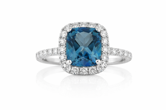 LONDON BLUE TOPAZ AND DIAMOND HALO RING
