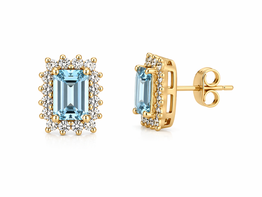 18K YELLOW GOLD AQUA & DIAMOND STUD EARRINGS
