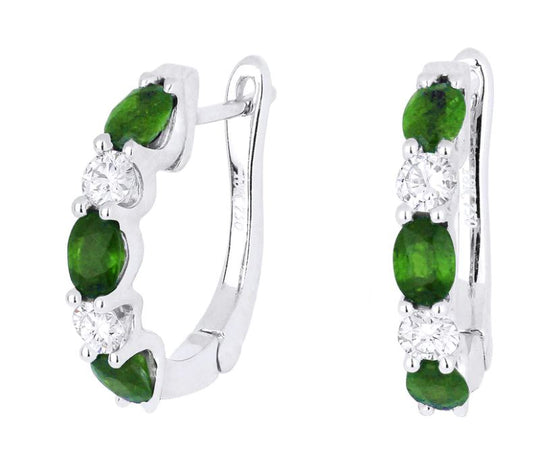 14K WHITE GOLD EMERALD AND DIAMOND HUGGIE EARRINGS