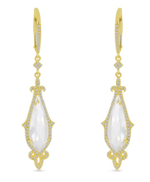 14K YELLOW GOLD WHITE TOPAZ AND DIAMOND DANGLE EARRINGS
