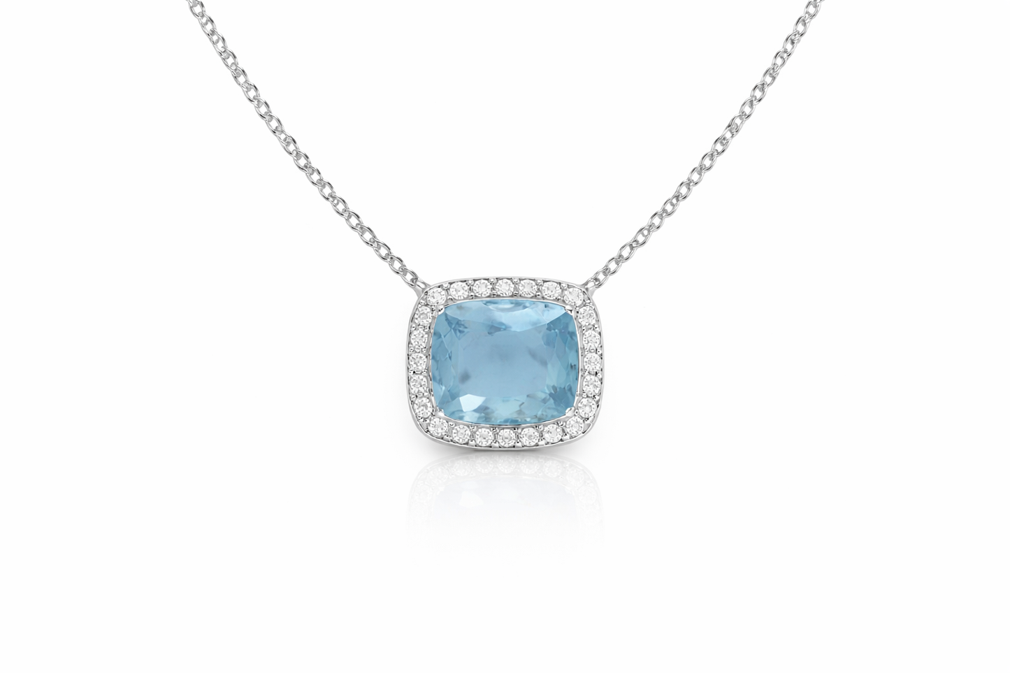 18K WHITE GOLD DIAMOND AND SANTA MARIA AQUA HALO NECKLACE