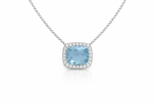 18K WHITE GOLD DIAMOND AND SANTA MARIA AQUA HALO NECKLACE