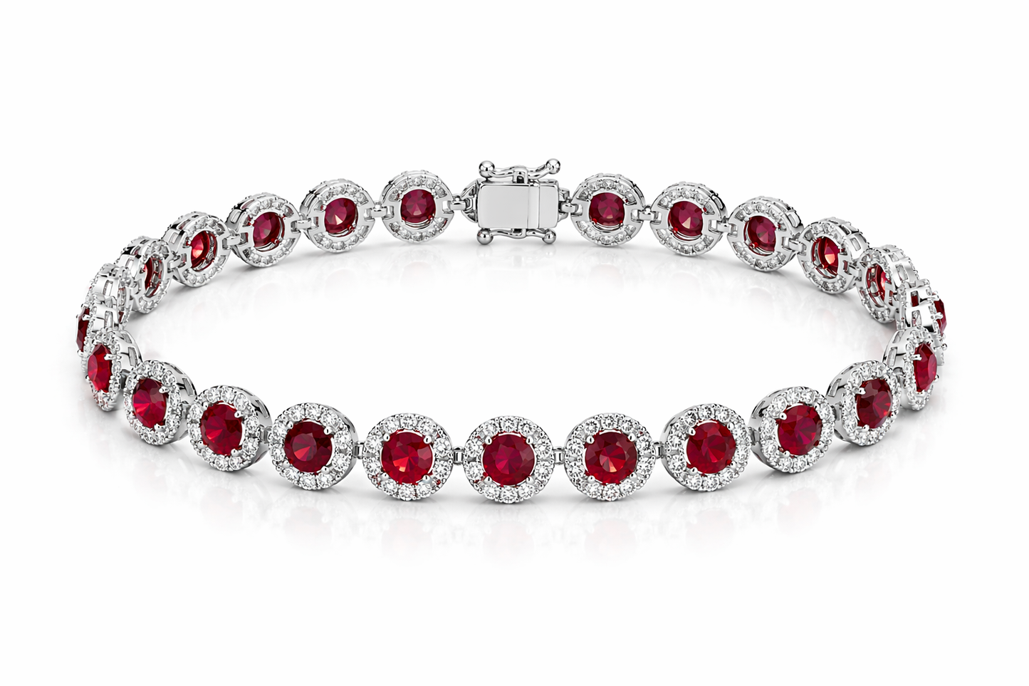 18K WHITE GOLD DIAMOND AND RUBY HALO BRACELET