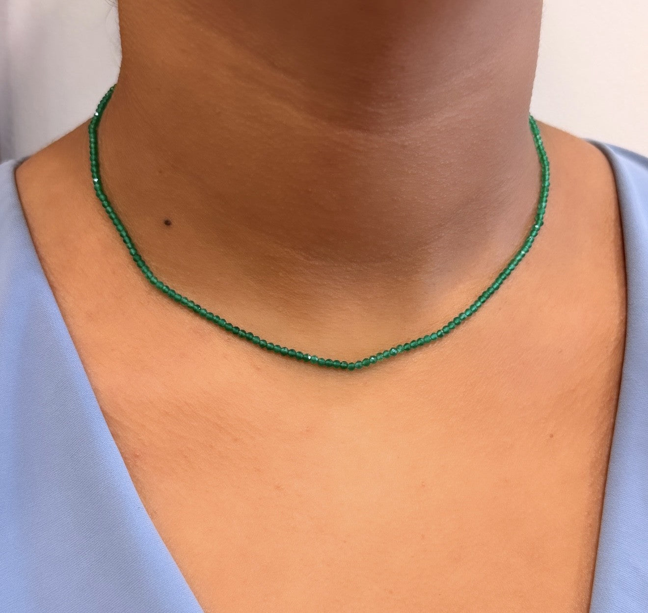 14K YELLOW GOLD GREEN ONYX BEADED CHOKER NECKLACE