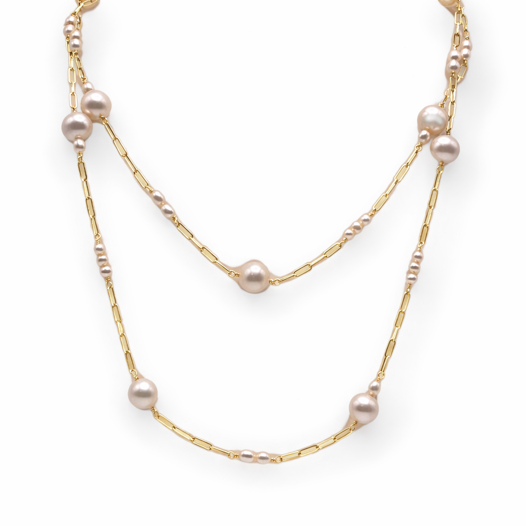 14K YELLOW GOLD PEARL PAPERCLIP NECKLACE